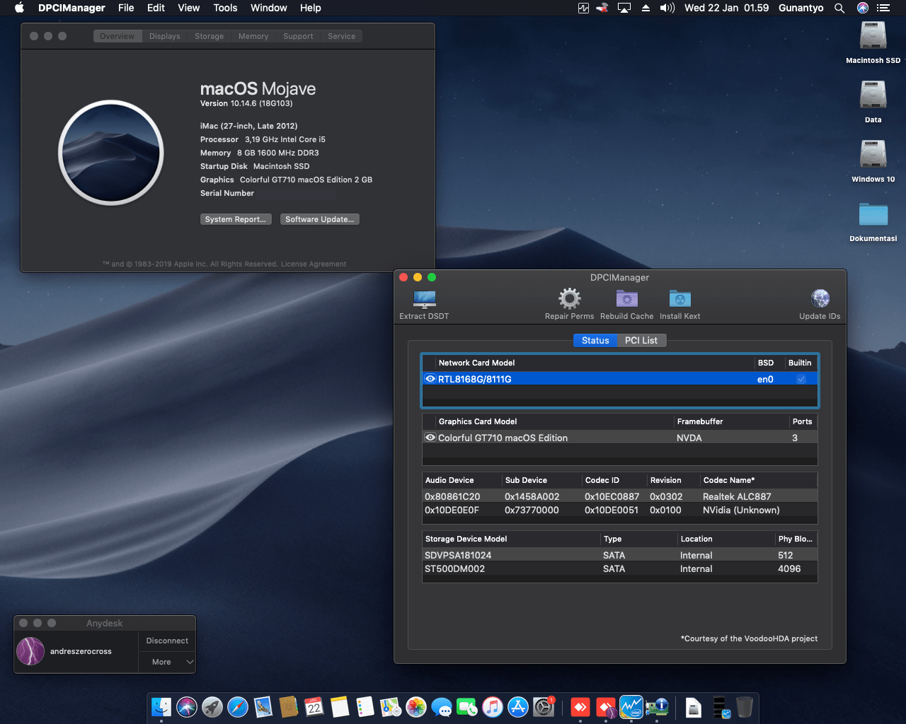 Success Hackintosh macOS Mojave 10.14.6 Build 18G103 in Gigabyte H61M-DS2 + Intel Core i5 3470 + Colorful GT710